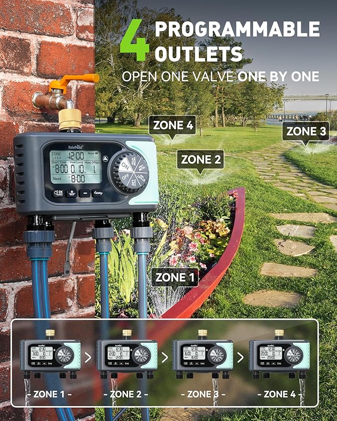 RAINPOINT Sprinkler Timer, 4 Outlets Hose Timer with Brass Inlet with Rain Delay/Manual/Automatic Controller System, Programmable Digital for Lawn Yard, 4 Zone