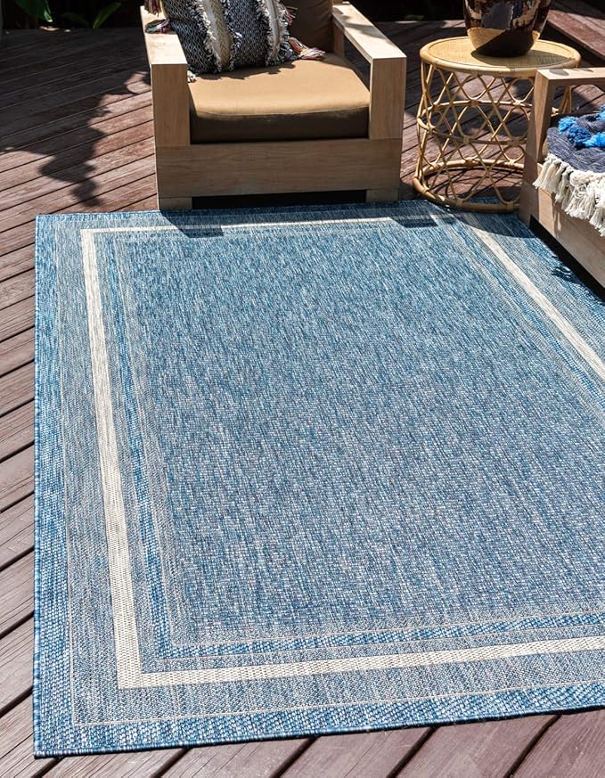 Unique Loom Outdoor Border Collection Area Rug - Soft Border (5' 3" x 8' Rectangle Blue/Ivory)