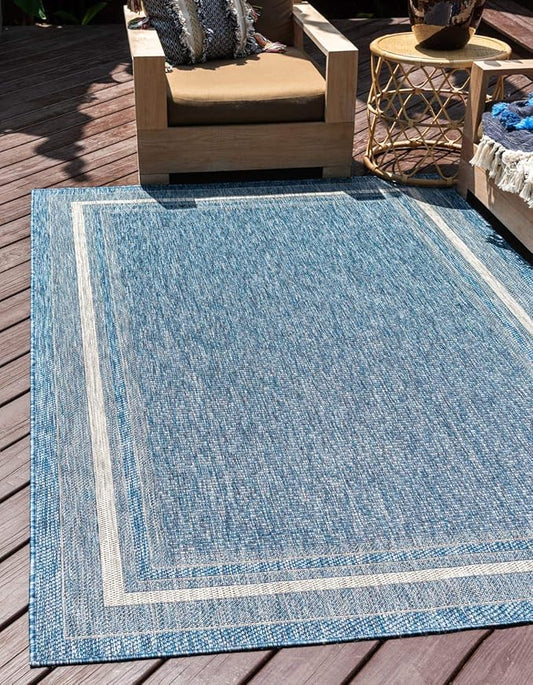 Unique Loom Outdoor Border Collection Area Rug - Soft Border (5' 3" x 8' Rectangle Blue/Ivory)