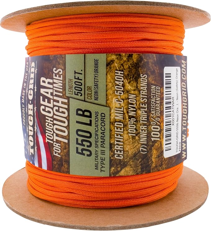 TOUGH-GRID 550 Paracord, Type III Mil-Spec Nylon Rope - 500 Ft Neon Orange - Image 3