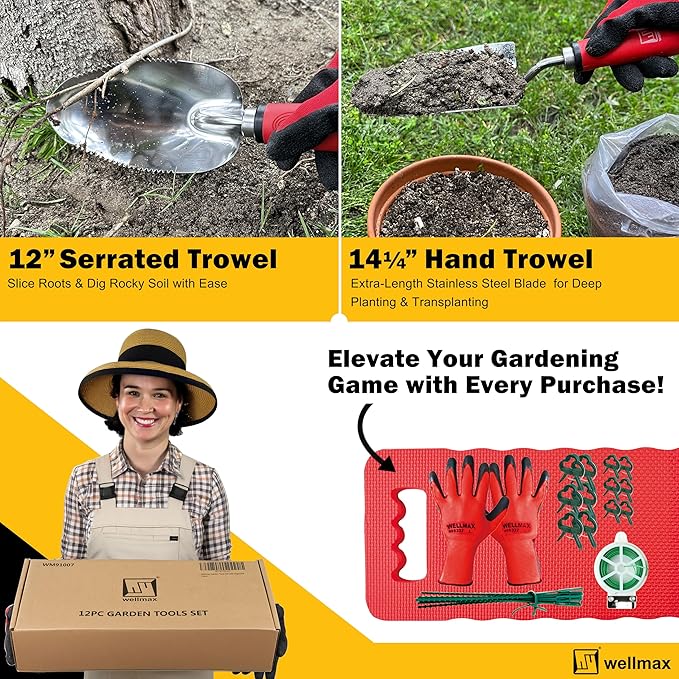 Wellmax 12-Piece Heavy-Duty Garden Tools Set with Bonus Accessories – Heavy Duty Garden Tools with Non-Slip Rubber Grip, Perfect for Digging, Weeding, Pruning & Planting