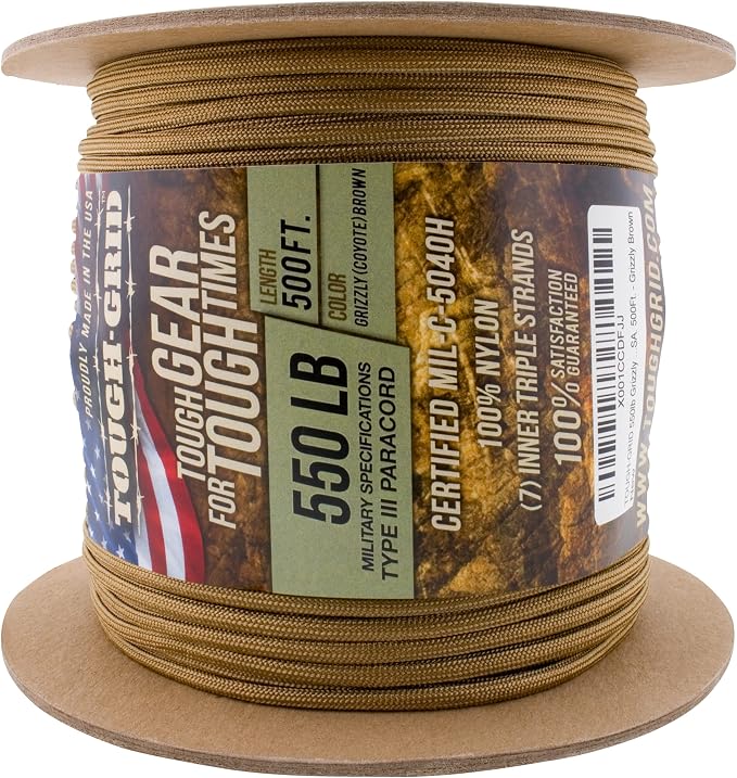 TOUGH-GRID 550 Paracord, Type III Mil-Spec Nylon Rope - 500 Ft Grizzly Brown - Image 3