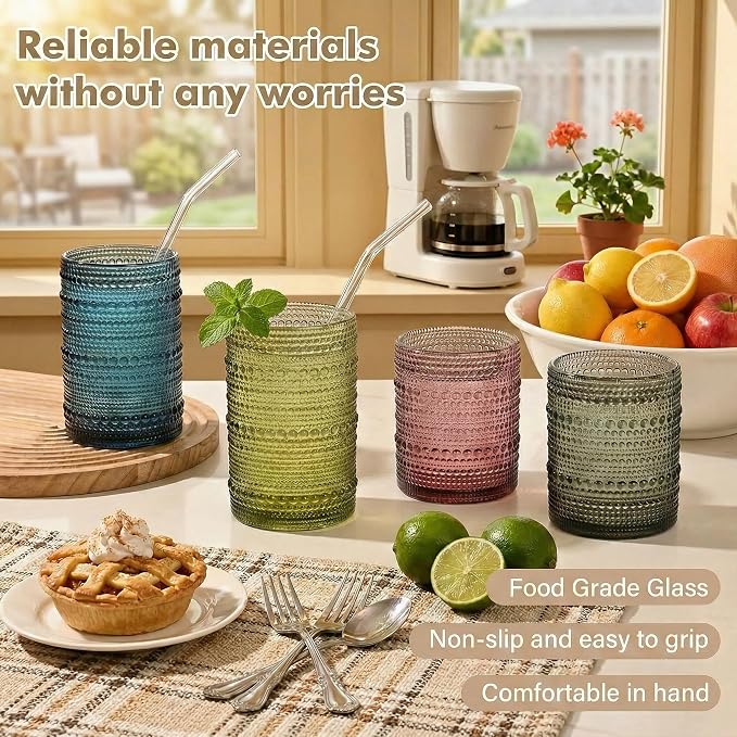 HomeVogue 12oz Colored Hobnail Drinking Glasses Set of 6, Vintage Glassware Old - Image 5