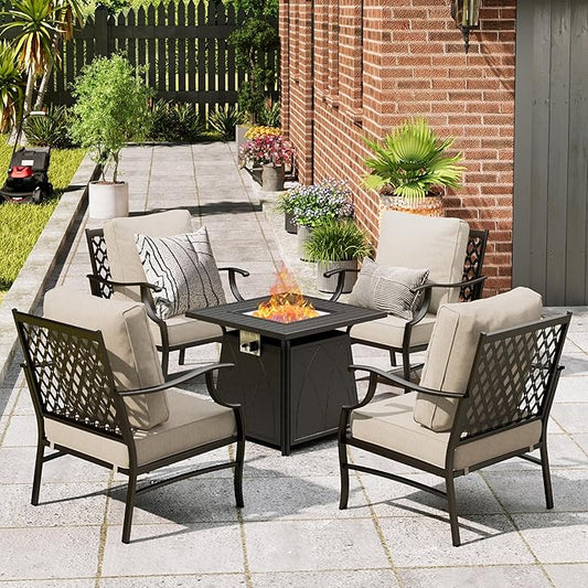 Patio Furniture Set with Fire Pit Table, 5 Pcs Metal Outdoor Conversation Set, 4 Single Chairs with 5.75" Extra Thick Cushion and 28" Fire Pit Table for Backyard Deck, Beige
