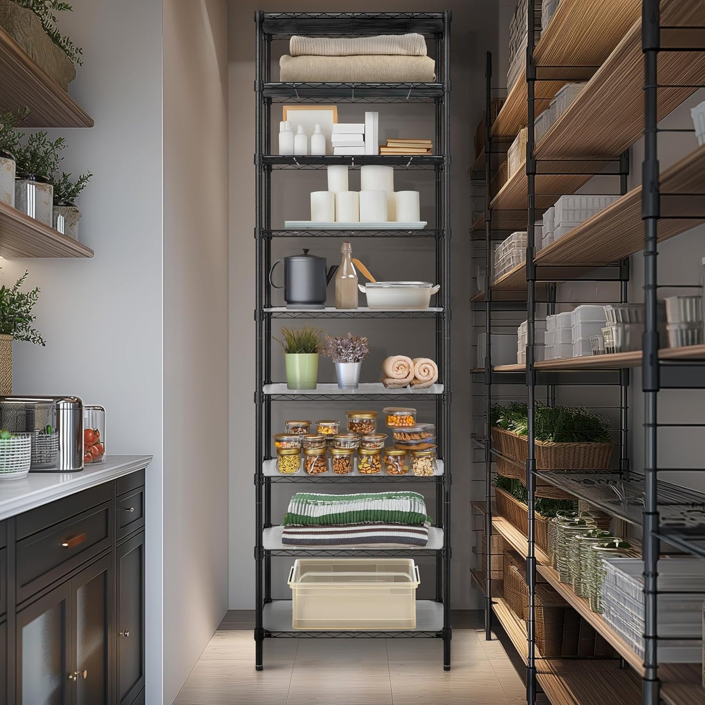 Finnhomy 9-Tier Wire Shelving Unit Adjustable Steel Wire Rack Shelving, 81 Inches Height 9 Shelves Metal Storage Rack, Pantry Shelves for Storage with PE mat, NSF Certified, Black