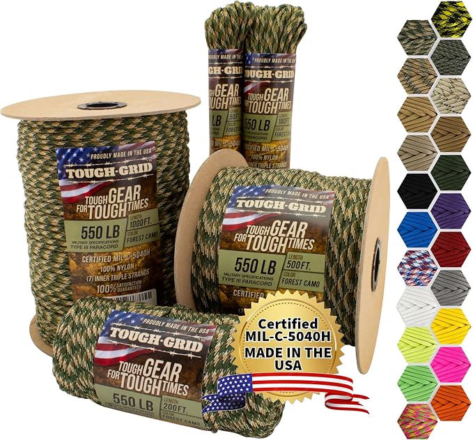 TOUGH-GRID 550 Paracord, Type III Mil-Spec Nylon Rope - 50 Ft Forest Camo by TOUGH-GRID