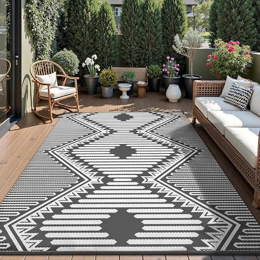 MontVoo Outdoor Rug 8x10 Waterproof Patio Rug-Outdoor Carpet Mat Reversible Plastic Straw Outside Outdoor Rug for RV Camping Picnic Beach Balcony Backyard Pool Deck Porch Modern Boho Grey