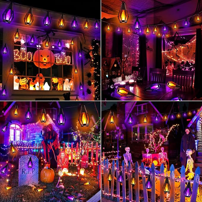 iBaycon Solar Halloween Lights, 42Ft 15 LED Bulbs Flickering Flame String Light - Image 2