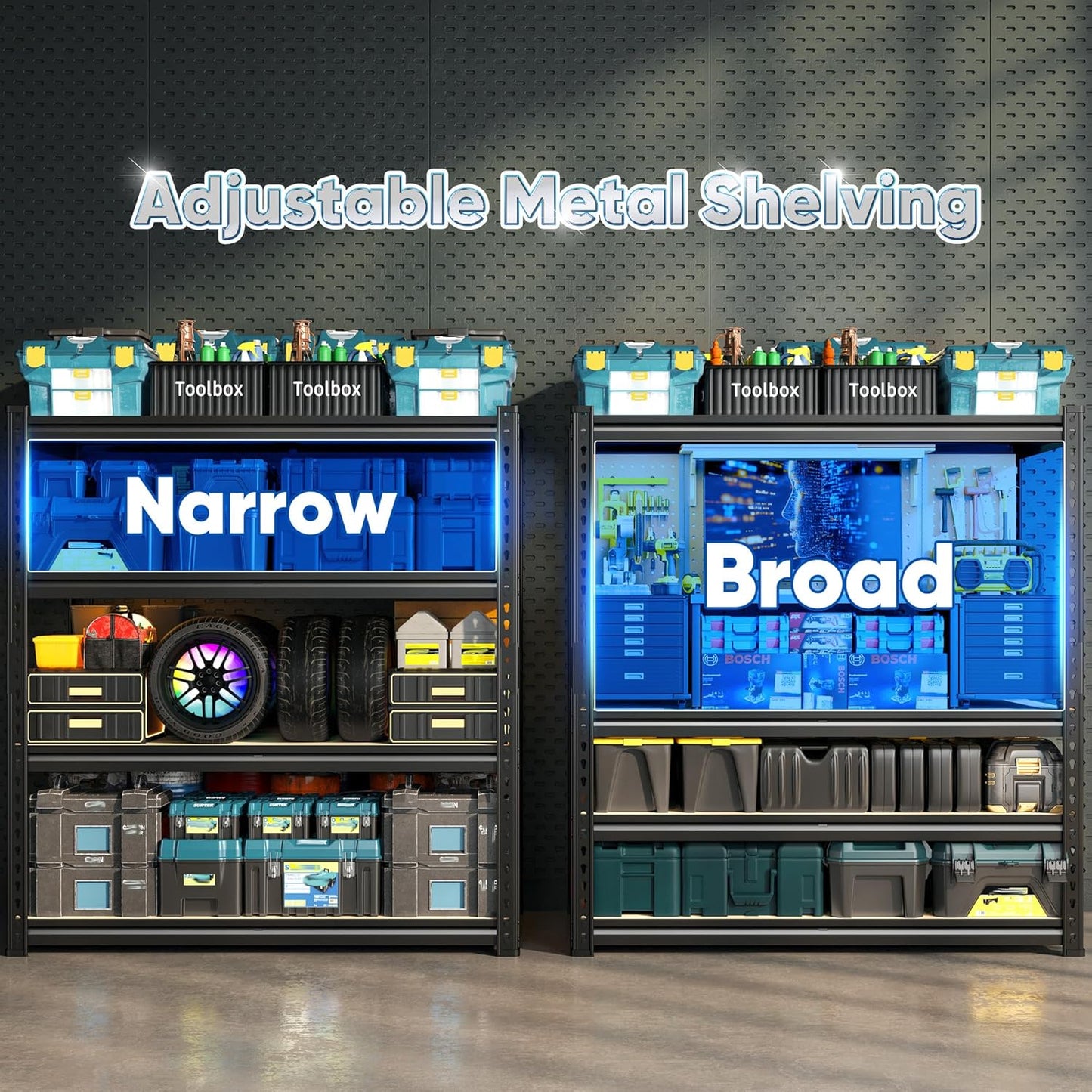 40" W Garage Shelving, 4 Tier Storage Shelves Load 2000 lbs, Adjustable Garage Shelves, Metal Shelving Unit for Warehouse, Basement, Pantry, 40" Wx 16" D x 60" H, Black