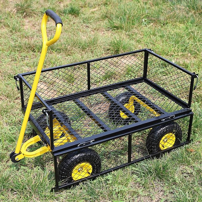 Wagon Removable Sides - Farm, Warehouse, Yard Dump Cart - Yellow+Black Air Wheels