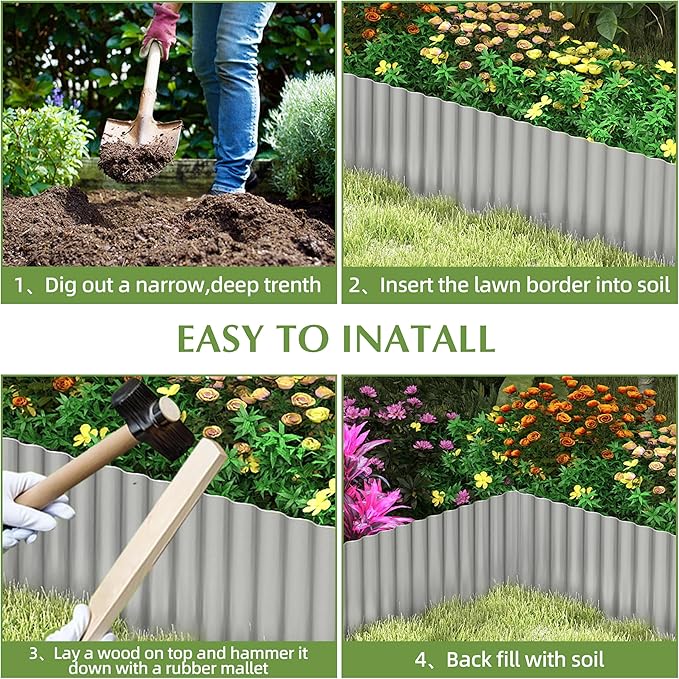 Metal Garden Edging Border, Corrugated Steel Landscaping, DIY for Lawn (Silver, 6 Inch x 40FT)