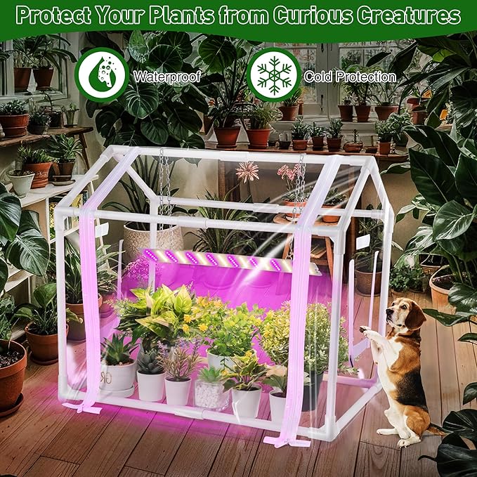 Meonum Mini Greenhouse with Grow Light for Indoor, 23.6 x15.7 x19.6 Tabletop Small Greenhouse Kit with 15W Plant Dimmable LED Grow Lights and Timer, 3 Light Color Mode for Seed Starter Tray