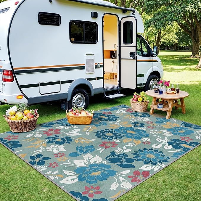 GENIMO Indoor Outdoor Area Rug 6' X 9' Waterproof, Washable Patio Rug Non Shedding, Easy Cleaning Floral Outdoor Carpet for Living Room, Bedroom, Dining Room, Balcony, Backyard, Deck, RV, Blue Grey