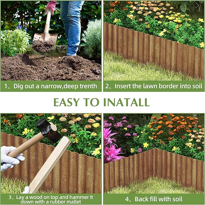 Metal Garden Edging Border, Corrugated Steel Landscaping, DIY for Lawn (Rusty, 8 Inch x 10FT)