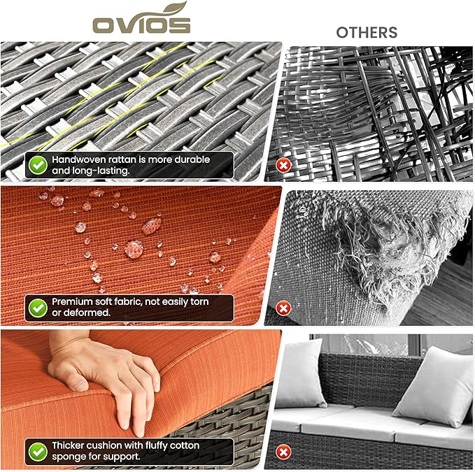 ovios 8 Pieces Patio Furniture Set, Outdoor Wicker Sofas with 2 Chairs, 4 Ottomans and Comfy Cushions, All Weather High Back Couch Set for Deck Porch, Brown Rattan, Orange Red