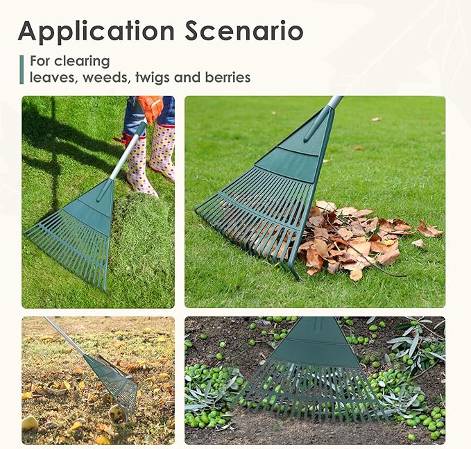 ORIENTOOLS Rake for Leaves,Adjustable Garden Leaf Rake ,Lightweight Steel Poly Yard Rake，22 Tines, 42 to 60 Inches (Silver Handle)