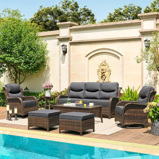 HILLGA Luxury Patio Furniture Set with 6-inch Thick Cushion, Outdoor Couch and High Back Swivel Rocker Patio Chairs, 7PCS Wicker Conversation Set for Deck Yard and Poolside, Dark Grey (V2)