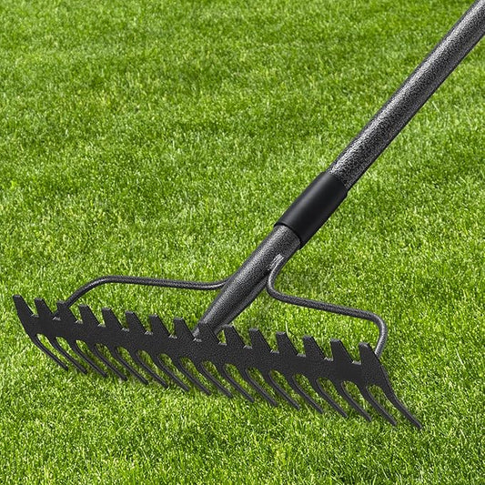 77'' Bow Rake ，17 Tines Metal Head Rakes with Stainless Steel Handle，Heavy Duty Garden Rake for Loosening Soil Gathering Leaf Leveling Lawn Farming Land Management Yarn Thatch Rake