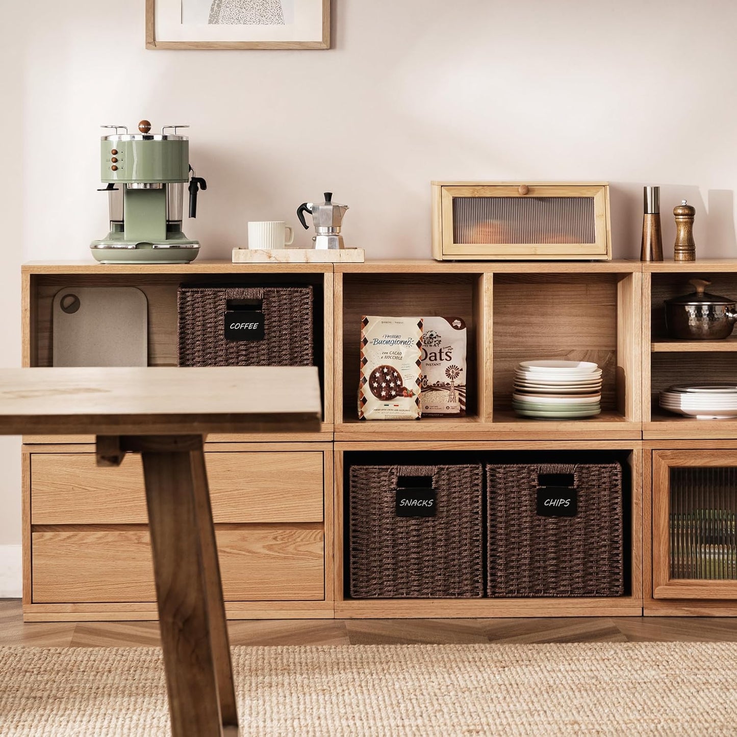 UBBCARE 4 Pack Wicker Basket, 12×12 Storage Cubes with Label, Foldable Cube Storage Bin with Handle, Square Storage Basket for Shelves, Woven Paper Rope Basket for Organizing, Brown