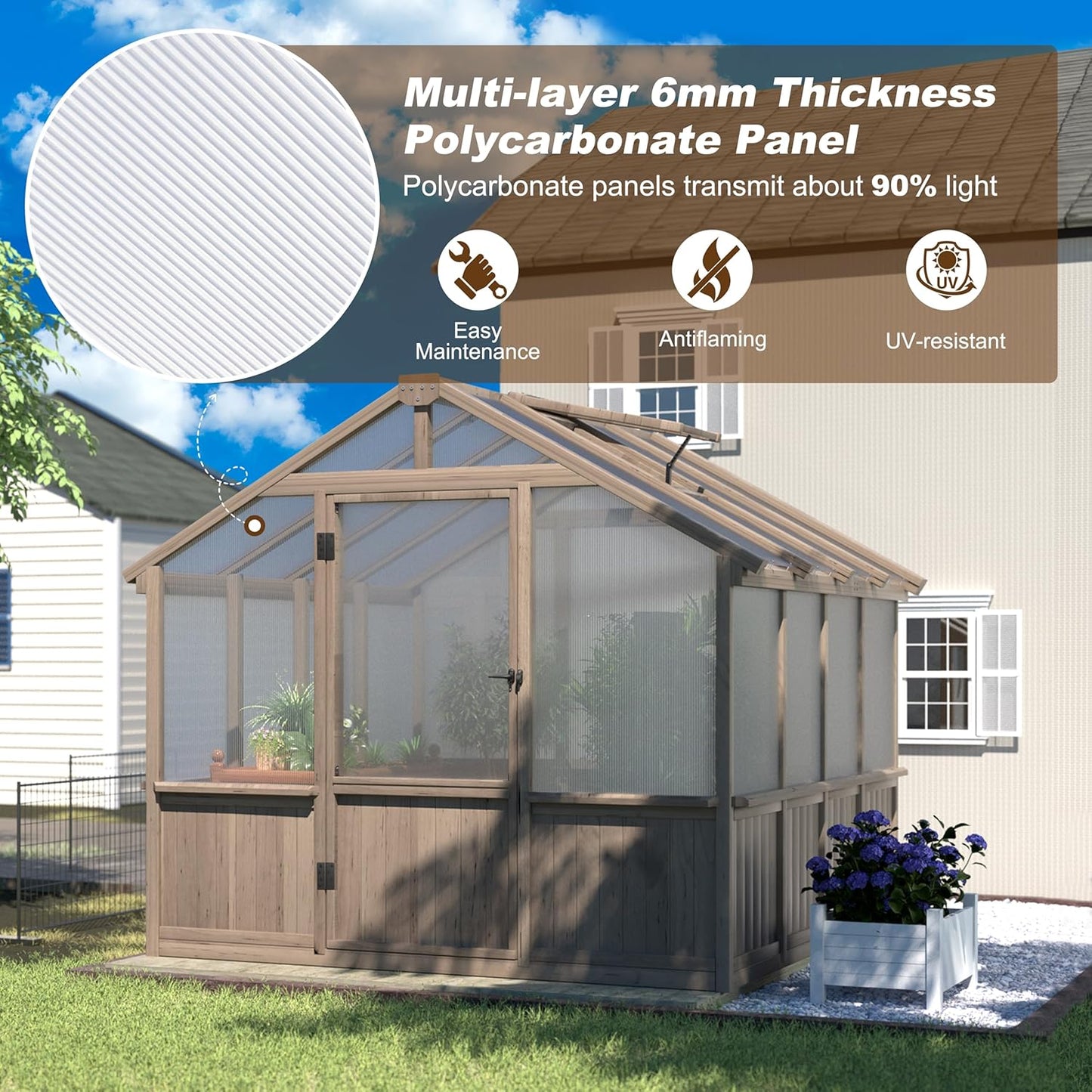 MUPATER 8' x 8' Wooden Polycarbonate Greenhouse with Ventilated Window & Lockable Door, 6mm Polycarbonate Panels for UV Protection, Walk-in Greenhouse for Outdoors, Patio, Backyard, Brown