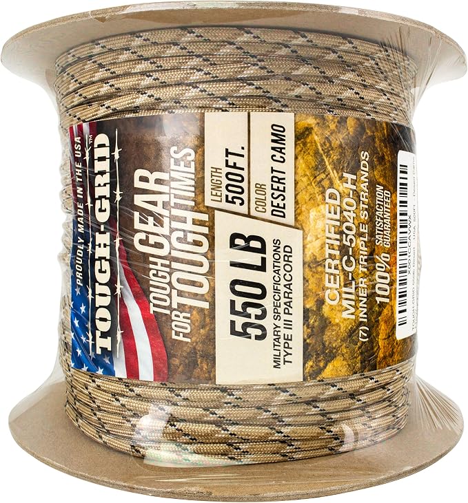 TOUGH-GRID 550 Paracord, Type III Mil-Spec Nylon Rope - 500 Ft Desert Camo - Image 3