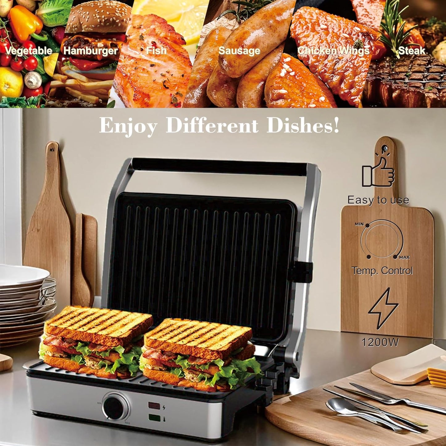 Panini Press, Electric Sandwich Press Grill, Open 180 Degrees, Electric Grill Indoor, Perfect for Grilling Sandwich, Steak, Burger, Adjustable Temperature Control, Non Stick Coating