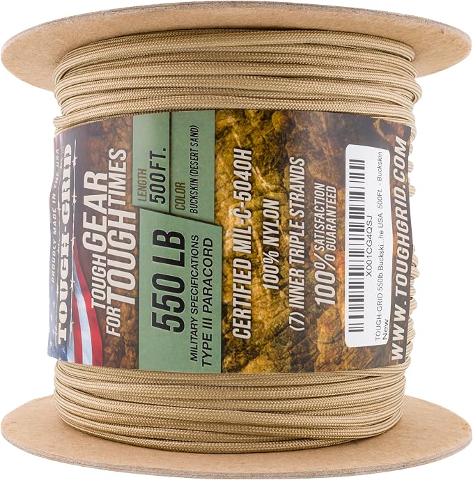 TOUGH-GRID 550 Paracord, Type III Mil-Spec Nylon Rope - 500 Ft Buckskin - Image 3