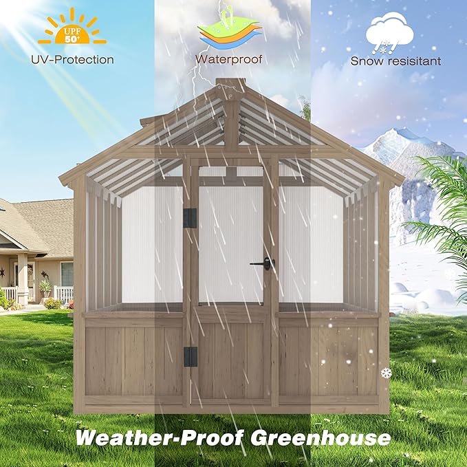 6x10 FT Green House for Outdoor, 6MM Thick Polycarbonate Panel Wooden Walk-in Greenhouse Kit with Lockable Door and Adjustable Roof Vent, Backyard Garden, Light Mocha Brown