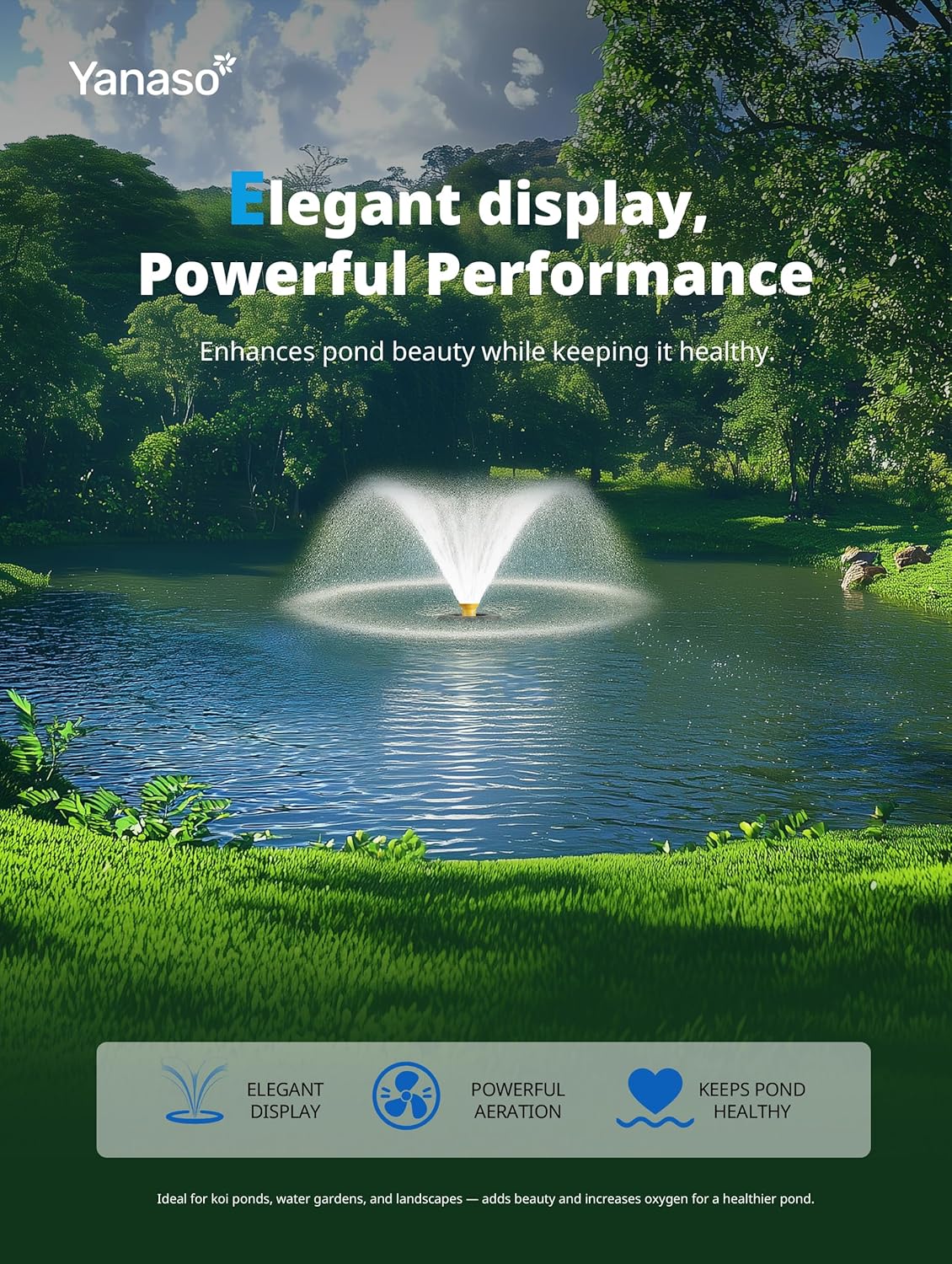 Pond Fountain Aerator Pump with Timer, 50ft Power Cord, 2 Spray Patterns, Energy-Efficient Water Circulation for Ponds & Lakes, Easy Installation