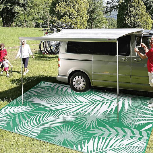 Outdoor Rug 8'x10' Waterproof for Patios Clearance, Reversible Outdoor Plastic Straw Rug Camping Carpet, Outside Floor Mats Large Area Rugs for RV,Patio,Deck,Porch, Beach,Balcony,Green&White