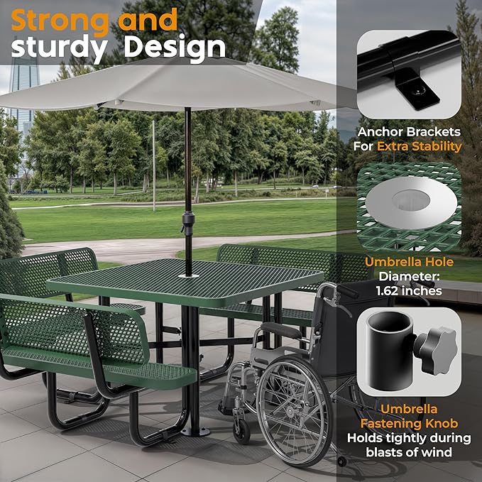 Metal Picnic Tables for Outdoors with Umbrella Hole - Coated Steel Heavy Duty Commercial Grade Table with Adjustable Seats (Green, 46 in, Square with Back, Expanded Steel)