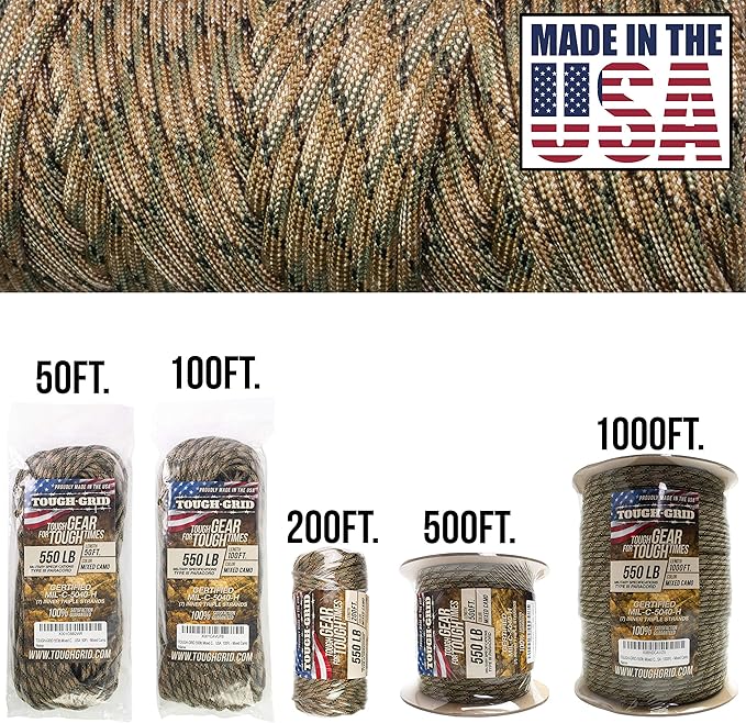 TOUGH-GRID 550 Paracord, Type III Mil-Spec Nylon Rope - 500 Ft Mixed Camo - Image 2