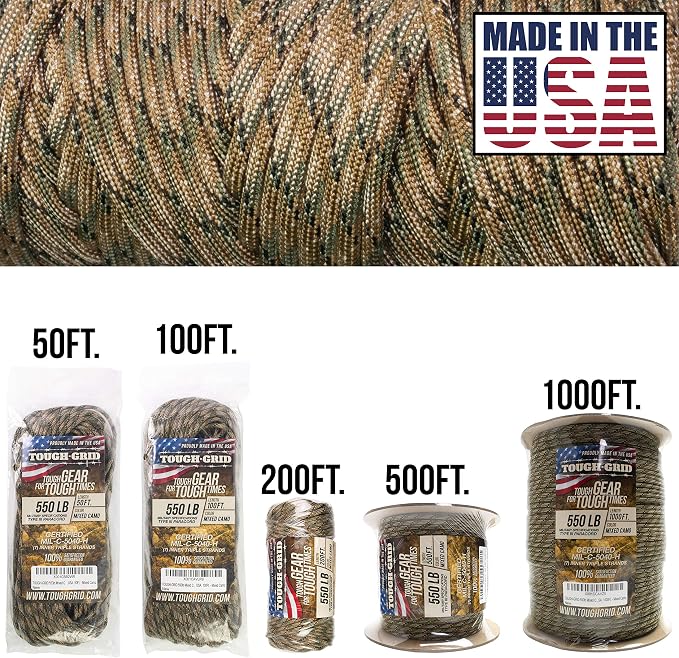 TOUGH-GRID 550 Paracord, Type III Mil-Spec Nylon Rope - 100 Ft Mixed Camo - Image 2