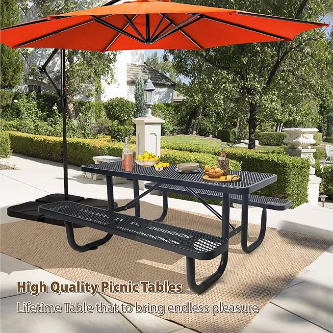 4FT Metal Picnic Tables for Outdoors, Commercial Rectangular Picnic Table and Bench Set for Outside, Patio, Garden, Backyard, Porch, Surface Mount, Black