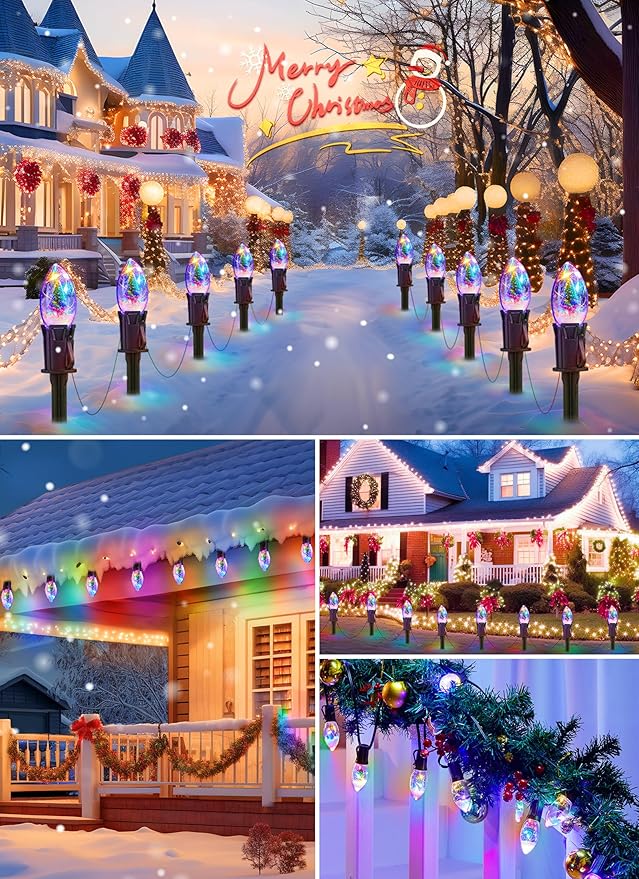 C9 Christmas Pathway Lights Outdoor, 25Ft 20 LED Christmas String Lights with Stakes, 4 Light Modes, Waterproof Connectable Christmas Decorations for Outside Lawn Yard Sidewalk Driveway, Multicolor