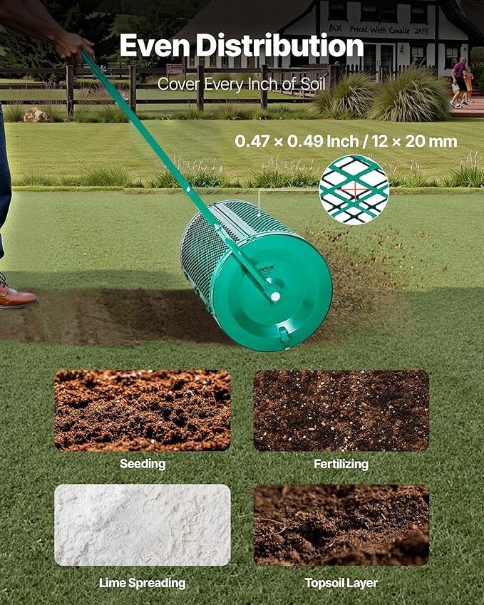 VEVOR Compost Spreader, 24 in Wide Peat Moss Spreader with Push/Tow Handle, 4 Heights Adjustable, Powder-Coated Steel Garden Peat Moss Roller, Heavy Duty Grass Seed Spreaders for Planting Seeding