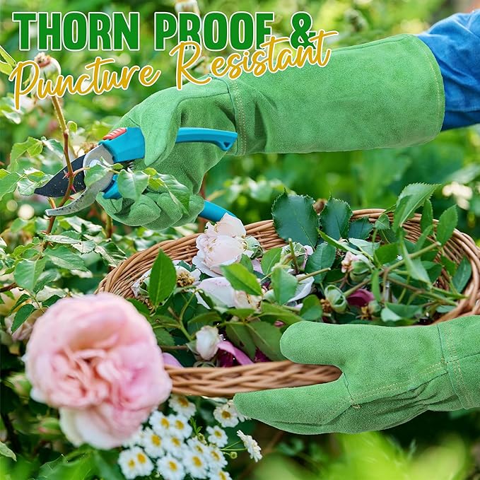 HANDLANDY Leather Gardening Gloves, Thorn Proof Long Gauntlet Heavy Duty Garden Gloves, Elbow Length Rose Pruning Weeding Yard Glove (X-Large, Green)