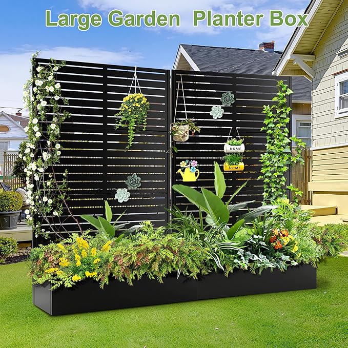 Trellis for Climbing Plants Outdoor，Mental Garden Bed with Drainage Holes Outdoor Privacy Screen Design Tall planters for herb Flower Vegetables 73"x47"x16", Black-Louvered