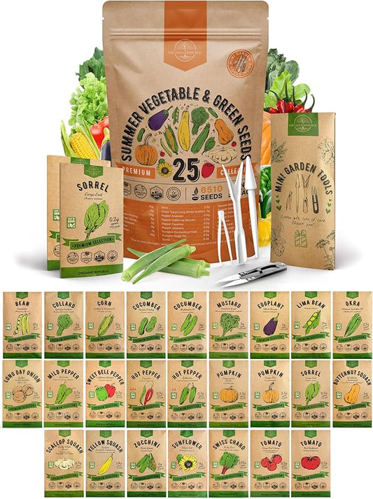 Organo Republic 25 Summer Vegetable Garden Seed Variety Pack - 6,510+ Non-GMO Heirloom Veggie & Greens Seeds for Outdoors & Indoor Home Garden, Including Collards, Pepper, Okra, Onion, Bean, Cucumber
