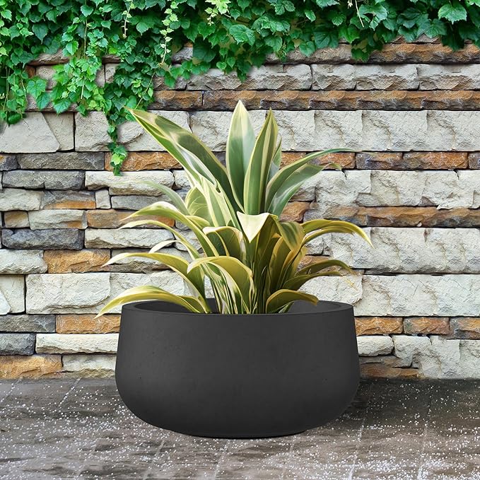 Kante 11.8" Dia Round Concrete Planter, Cement Plant Pots with Drainage Hole and Rubber Plug for Outdoor Indoor Garden Home, Modern Curvaceous Design, Black