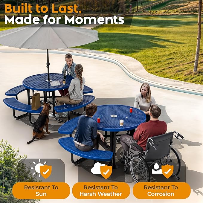 Metal Picnic Tables for Outdoors with Umbrella Hole - Coated Steel Heavy Duty Commercial Grade Table with Adjustable Seats (Blue, 46 in, Round, Expanded Steel)
