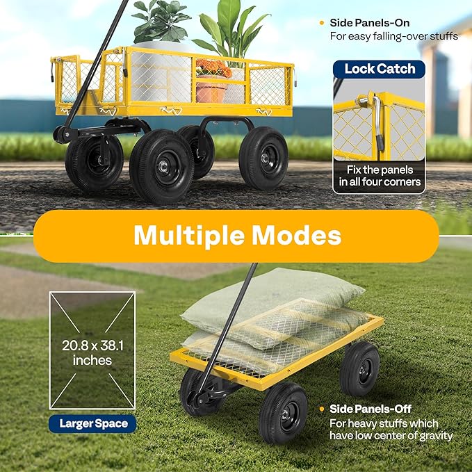 VIVOHOME Steel Garden Cart Heavy Duty 880 Lbs Capacity Folding Utility Wagon with Removable Sides and 10 inch Wheels (Yellow)