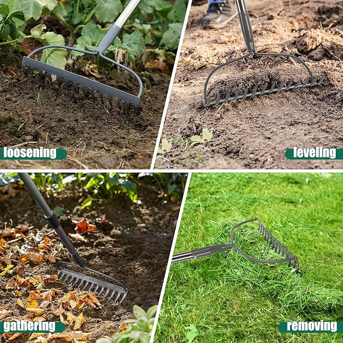 Rake for Leaves, Garden Bow Rake for Lawns Heavy Duty, 5 ft Back-Saving Long Handle, 14 Metal Tines, Yard Gardening Tools for Loosen Soil, Clear Gravel Grass Rock, Level Mulch