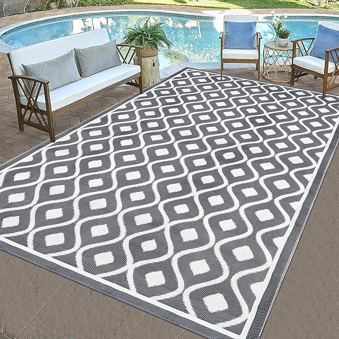Pauwer Waterproof Outdoor Rug 6x9, Reversible Plastic Straw Patio Camping Rug, Indoor Outdoor RV Mat Carpet for Deck, Camper, Porch, Balcony, Backyard, Picnic, Geometric Grey