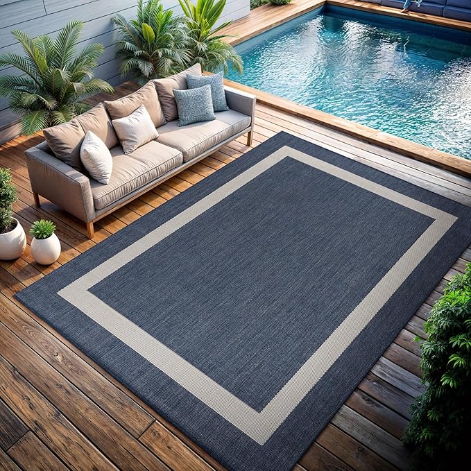 CAMILSON Outdoor Rug 8x10, Modern Outside Rugs for Patios Porches Waterproof Durable Washable Non-Shedding, Easy-to-Clean Indoor Outdoor Area Carpet (8 x 10, Bordered - Blue/White)