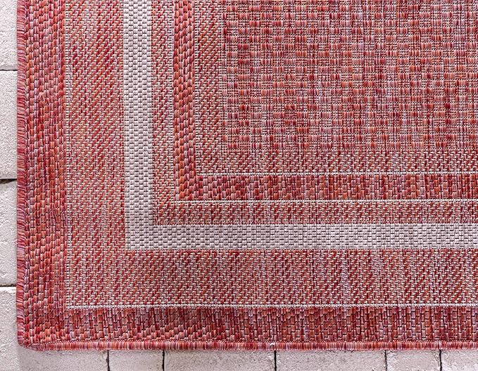Unique Loom Outdoor Border Collection Area Rug - Soft Border (9'x 12' Rectangle, Rust Red/ Ivory)
