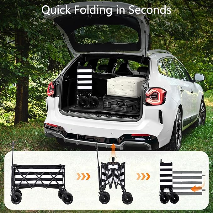 Wagons Carts Foldable with All-Terrain Big Wheels 400 LBS, Heavy Duty Collapsible Utility Wagon Cart, Folding Grocery Cart for Beach, Camping, Sports, Shopping, Garden and Fishing-Black Stripe