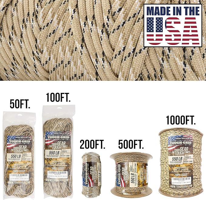 TOUGH-GRID 550 Paracord, Type III Mil-Spec Nylon Rope - 100 Ft Desert Camo - Image 2
