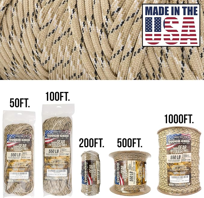 TOUGH-GRID 550 Paracord, Type III Mil-Spec Nylon Rope - 200 Ft Desert Camo - Image 2