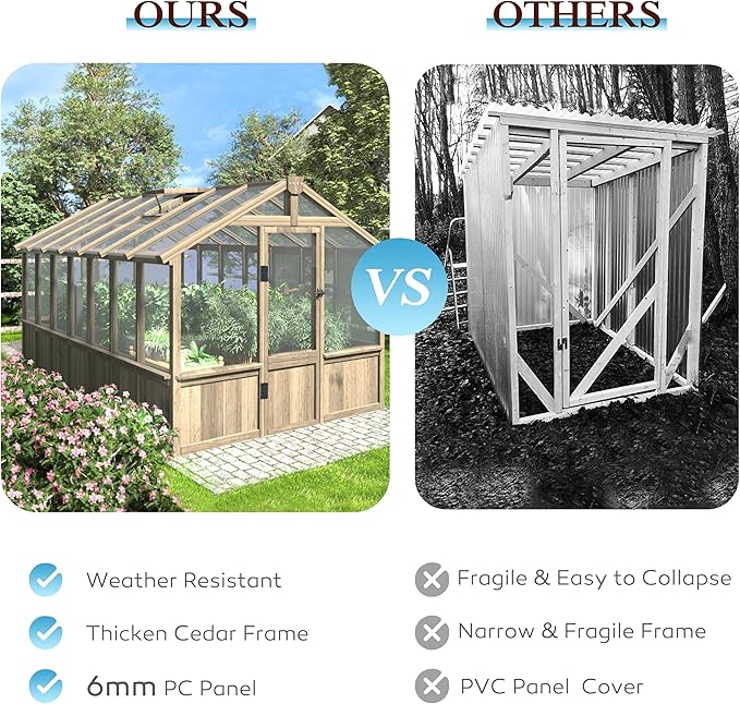 8x14 FT Outdoor Greenhouse Kit, 6MM Thick Polycarbonate Panel Wooden Walk-in Green House with Adjustable Roof Vents & Roof Vents, Backyard Garden, Light Mocha Brown